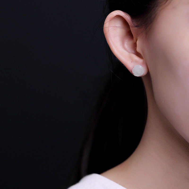 Pendientes de Tachuela de Jade Rosa Blanca de Plata S925 para Mujere