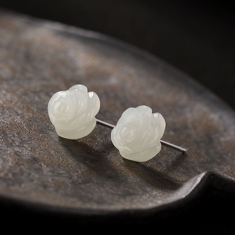 Pendientes de Tachuela de Jade Rosa Blanca de Plata S925 para Mujere