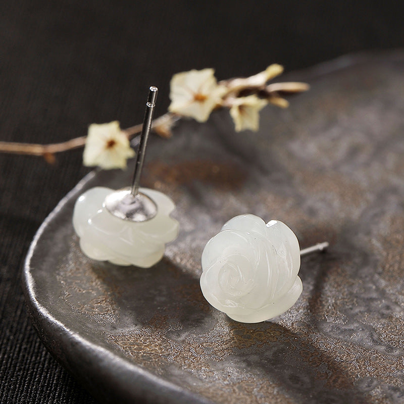 Pendientes de Tachuela de Jade Rosa Blanca de Plata S925 para Mujere