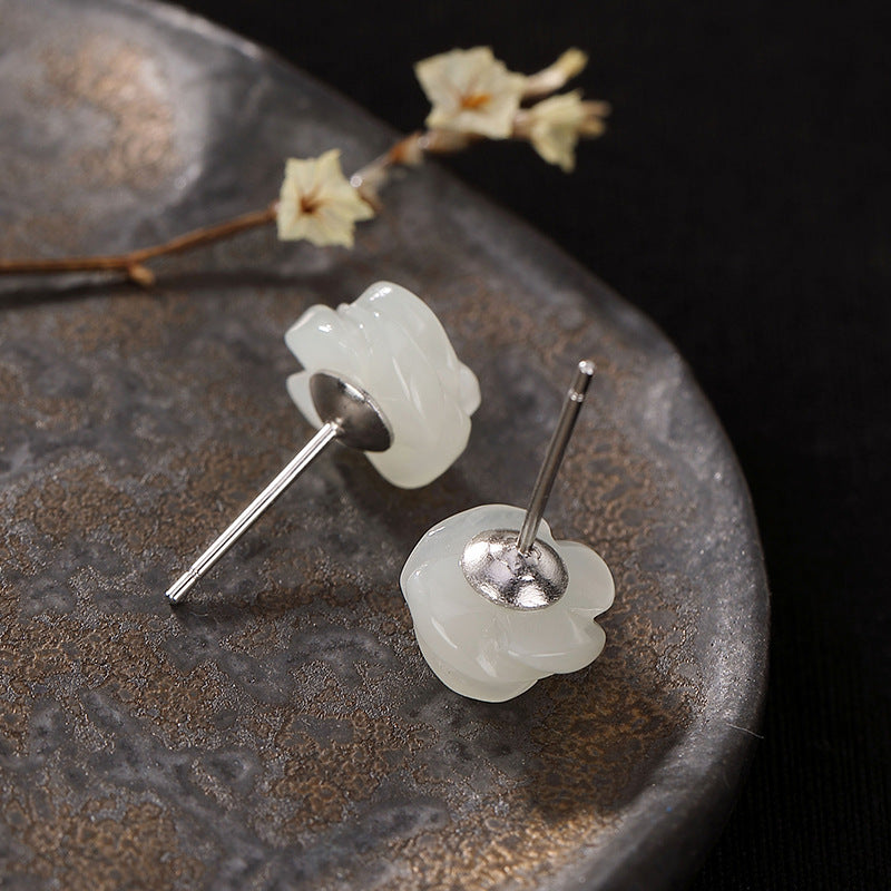 Pendientes de Tachuela de Jade Rosa Blanca de Plata S925 para Mujere