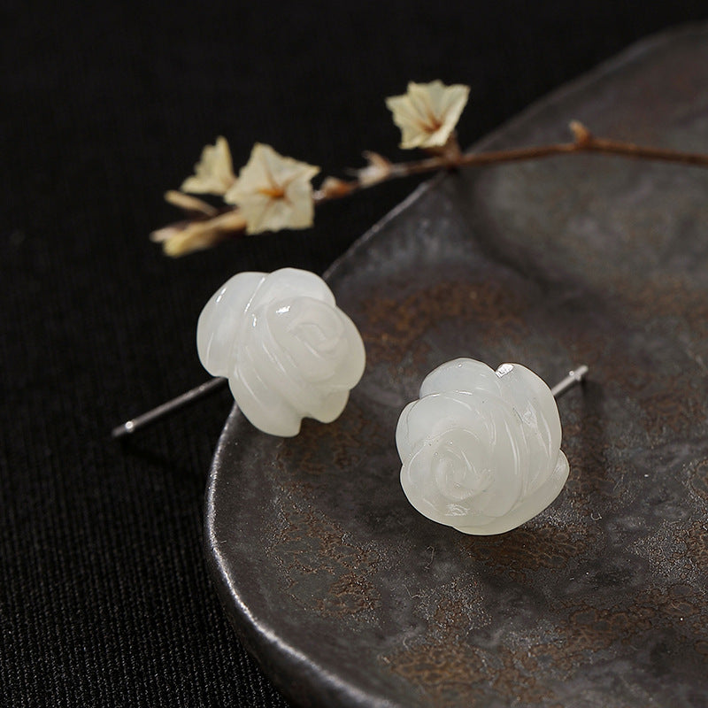 Pendientes de Tachuela de Jade Rosa Blanca de Plata S925 para Mujere